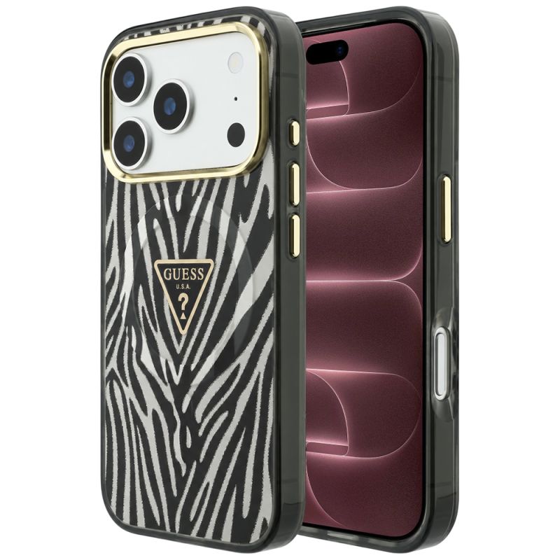 Husa pentru iPhone 18 Pro Max / iPhone 17 Pro Max - Guess Zebra Glitter Triangle Logo MagSafe (GUHMP18X6HZPGTLS) - Black / Silver