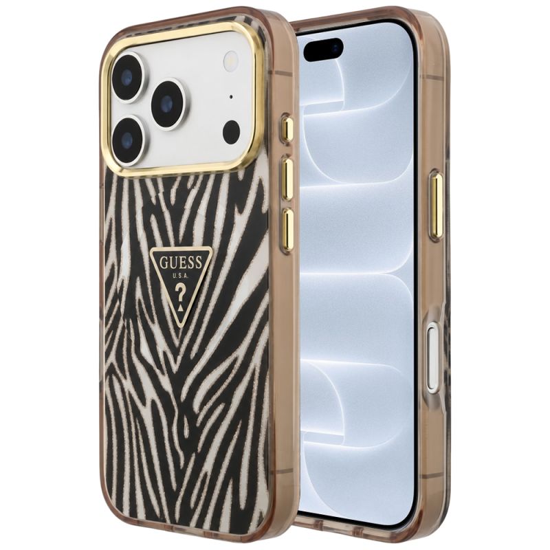 Husa pentru iPhone 18 Pro / iPhone 17 Pro - Guess Zebra Glitter Triangle Logo MagSafe (GUHMP18L6HZPGTLD) - Black / Gold