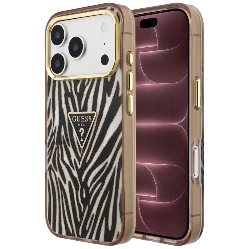 Husa pentru iPhone 18 Pro Max / iPhone 17 Pro Max - Guess Zebra Glitter Triangle Logo MagSafe (GUHMP18X6HZPGTLD) - Black / Gold