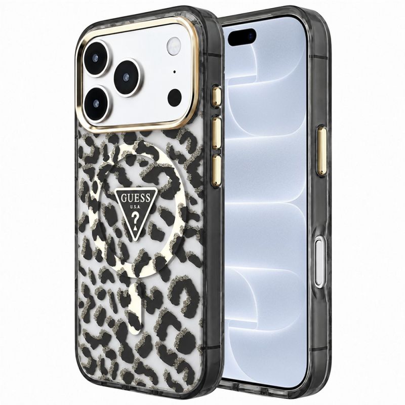 Husa pentru iPhone 18 Pro / iPhone 17 Pro - Guess Leopard Glitter Triangle Logo MagSafe (GUHMP18LHLEGTGLK) - Black