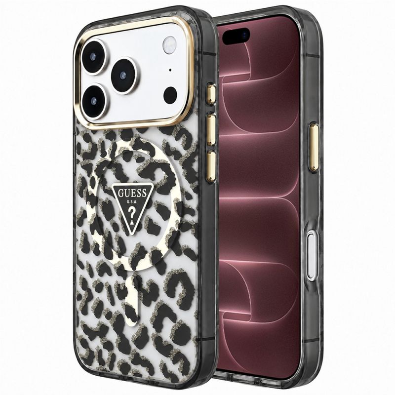 Husa pentru iPhone 18 Pro Max / iPhone 17 Pro Max - Guess Leopard Glitter Triangle Logo MagSafe (GUHMP18XHLEGTGLK) - Black