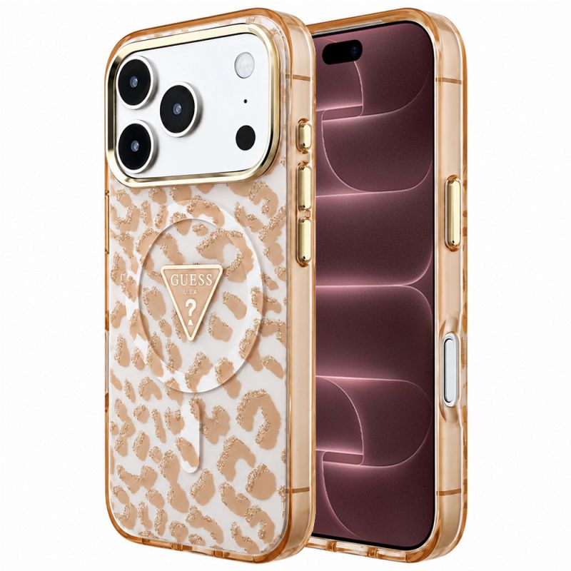 Husa pentru iPhone 18 Pro Max / iPhone 17 Pro Max - Guess Leopard Glitter Triangle Logo MagSafe (GUHMP18XHLEGTGLW) - Brown