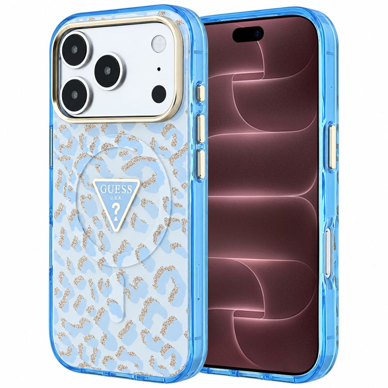 Husa pentru iPhone 18 Pro Max / iPhone 17 Pro Max - Guess Leopard Glitter Triangle Logo MagSafe (GUHMP18XHLEGTGLU) - Light Blue
