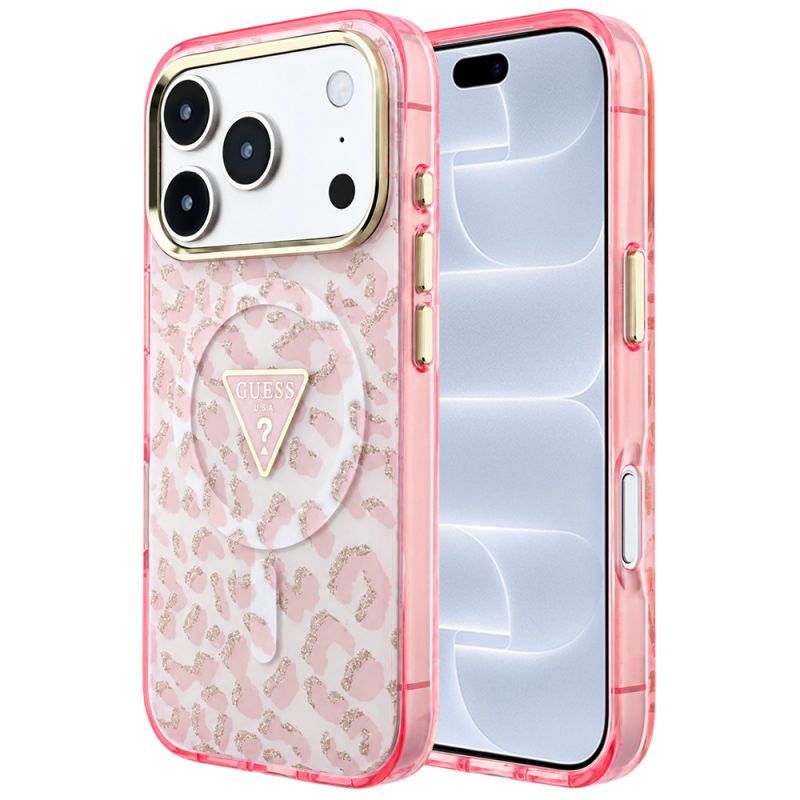 Husa pentru iPhone 18 Pro / iPhone 17 Pro - Guess Leopard Glitter Triangle Logo MagSafe (GUHMP18LHLEGTGLP) - Pink