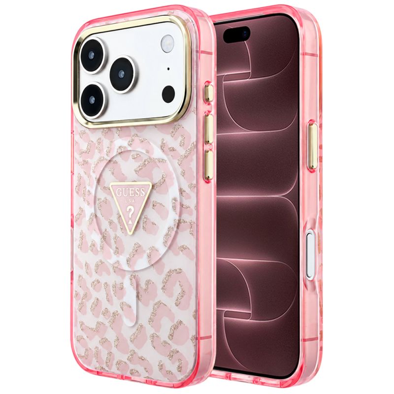 Husa pentru iPhone 18 Pro Max / iPhone 17 Pro Max - Guess Leopard Glitter Triangle Logo MagSafe (GUHMP18XHLEGTGLP) - Pink