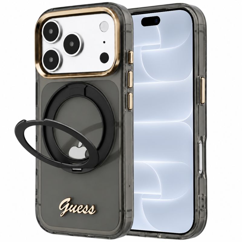 Husa pentru iPhone 18 Pro / iPhone 17 Pro - Guess Ring Stand Script Metal Logo MagSafe (GUHMP18L6HCCMSK) - Black