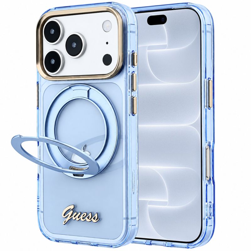 Husa pentru iPhone 18 Pro / iPhone 17 Pro - Guess Ring Stand Script Metal Logo MagSafe (GUHMP18L6HCCMSB) - Light Blue