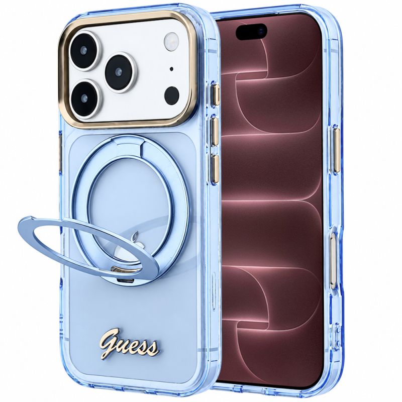 Husa pentru iPhone 18 Pro Max / iPhone 17 Pro Max - Guess Ring Stand Script Metal Logo MagSafe (GUHMP18X6HCCMSB) - Light Blue