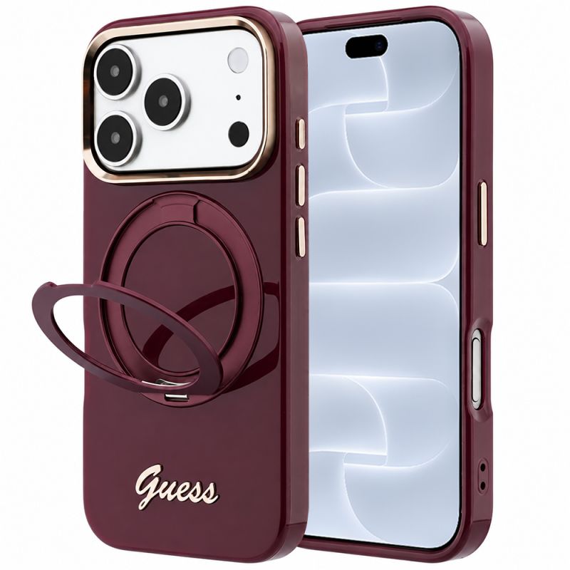 Husa pentru iPhone 18 Pro / iPhone 17 Pro - Guess Ring Stand Script Metal Logo MagSafe (GUHMP18L6HCCMSU) - Burgundy