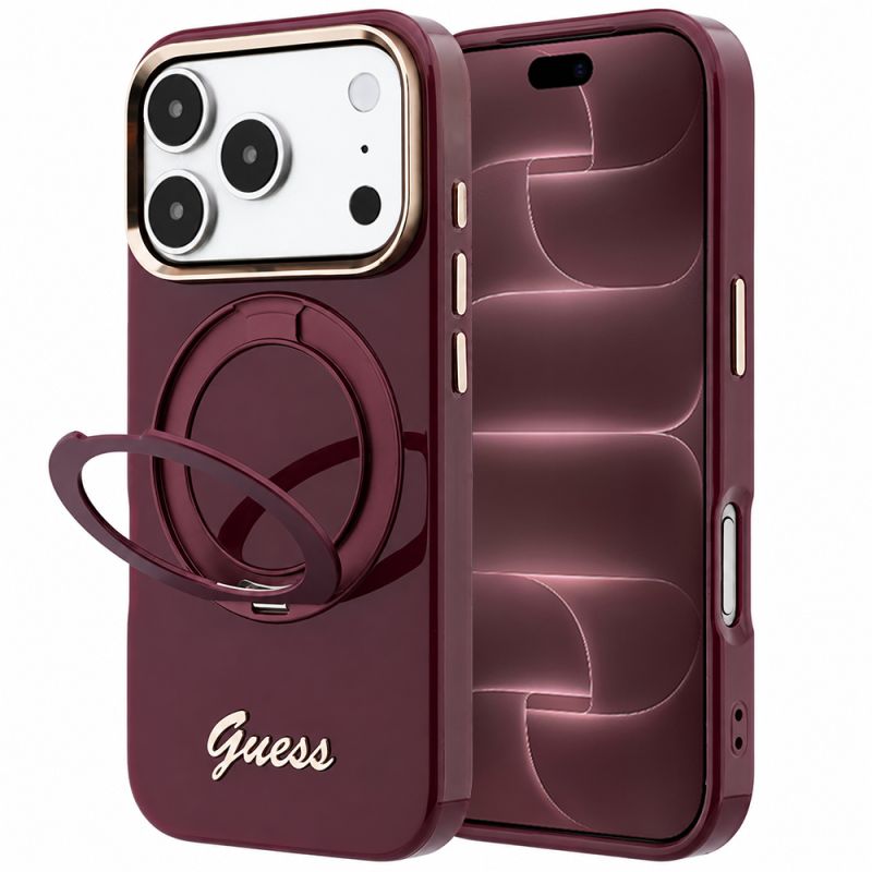 Husa pentru iPhone 18 Pro Max / iPhone 17 Pro Max - Guess Ring Stand Script Metal Logo MagSafe (GUHMP18X6HCCMSU) - Burgundy