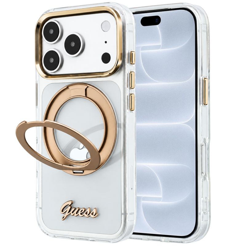 Husa pentru iPhone 18 Pro / iPhone 17 Pro - Guess Ring Stand Script Metal Logo MagSafe (GUHMP18L6HCCMST) - Clear