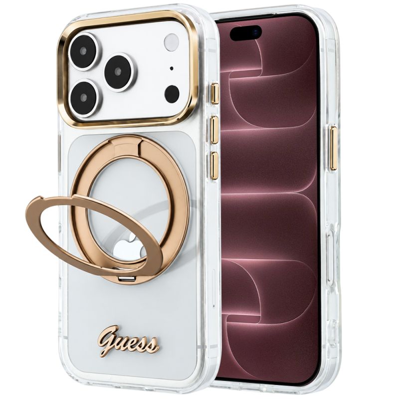 Husa pentru iPhone 18 Pro Max / iPhone 17 Pro Max - Guess Ring Stand Script Metal Logo MagSafe (GUHMP18X6HCCMST) - Clear