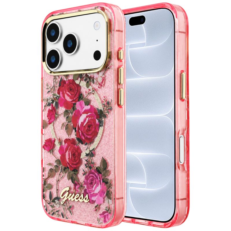 Husa pentru iPhone 18 Pro / iPhone 17 Pro - Guess IML Glitter Blossom Roses MagSafe (GUHMP18L6HTBGSLP) - Pink