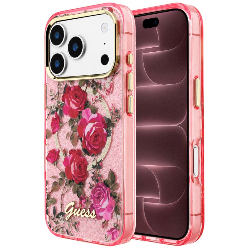 Husa pentru iPhone 18 Pro Max / iPhone 17 Pro Max - Guess IML Glitter Blossom Roses MagSafe (GUHMP18X6HTBGSLP) - Pink