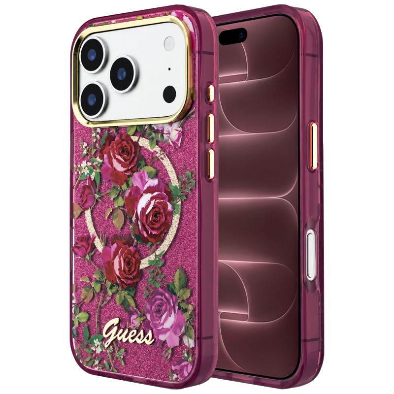 Husa pentru iPhone 18 Pro Max / iPhone 17 Pro Max - Guess IML Glitter Blossom Roses MagSafe (GUHMP18X6HTBGSLU) - Burgundy
