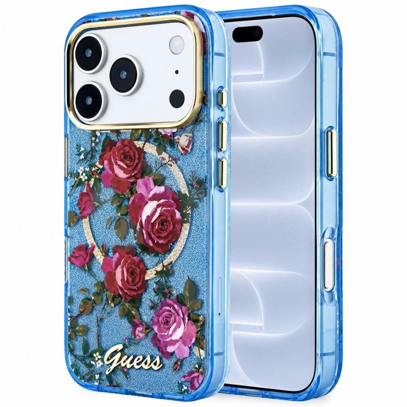 Husa pentru iPhone 18 Pro / iPhone 17 Pro - Guess IML Glitter Blossom Roses MagSafe (GUHMP18L6HTBGSLB) - Light Blue
