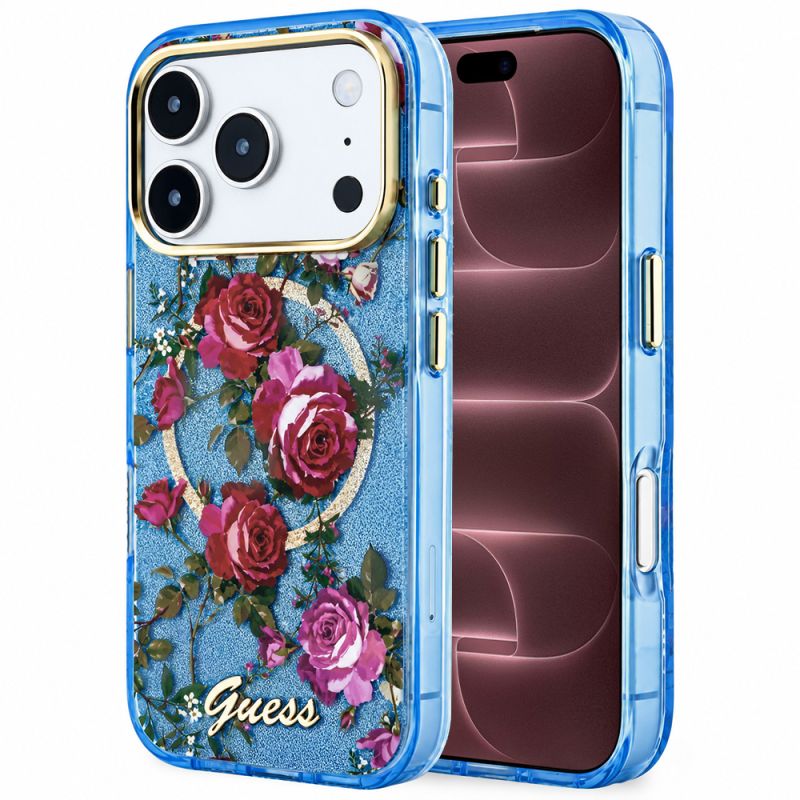 Husa pentru iPhone 18 Pro Max / iPhone 17 Pro Max - Guess IML Glitter Blossom Roses MagSafe (GUHMP18X6HTBGSLB) - Light Blue