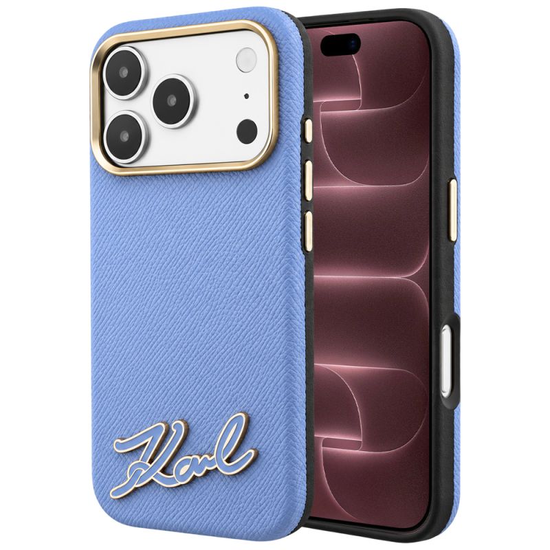 Husa iPhone 18 Pro Max / iPhone 17 Pro Max - Karl Lagerfeld Grained Leather Resin Sign Logo MagSafe (KLHMP18X6PWKSRSB) - Light Blue