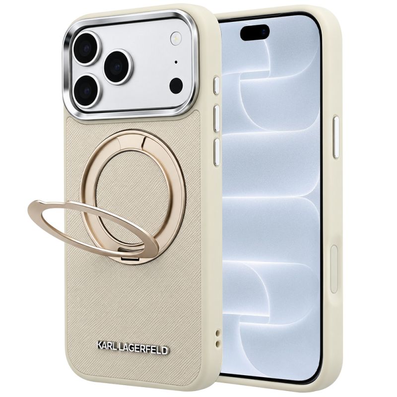 Husa pentru iPhone 18 Pro / iPhone 17 Pro - Karl Lagerfeld Ring Stand 360 Saffiano MagSafe (KLHMP18L6PSARSKME) - Beige