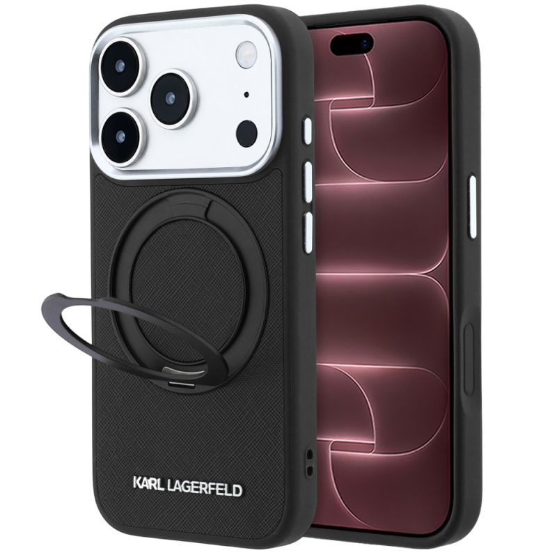 Husa pentru iPhone 18 Pro Max / iPhone 17 Pro Max - Karl Lagerfeld Ring Stand 360 Saffiano MagSafe (KLHMP18X6PSARSKMK) - Black