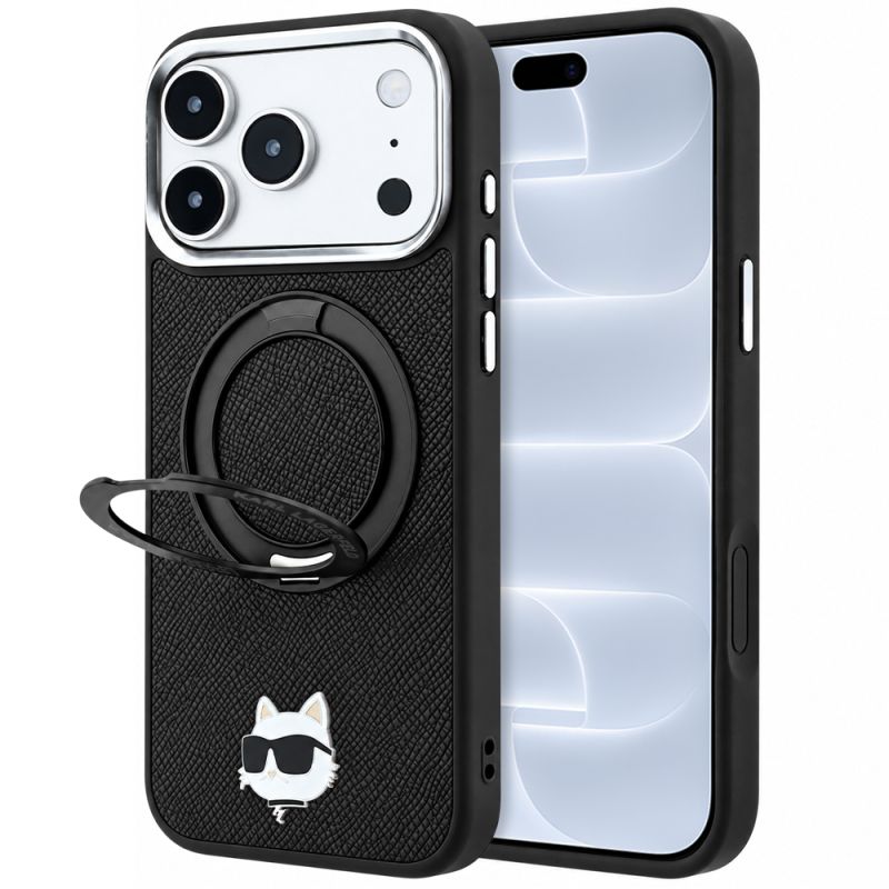 Husa pentru iPhone 18 Pro / iPhone 17 Pro - Karl Lagerfeld Leather Ring Stand 360 C Pin MagSafe (KLHMP18LPSRSCHHK) - Black