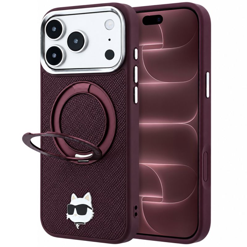 Husa pentru iPhone 18 Pro Max / iPhone 17 Pro Max - Karl Lagerfeld Leather Ring Stand 360 C Pin MagSafe (KLHMP18XPSRSCHHR) - Burgundy