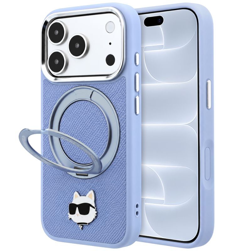Husa pentru iPhone 18 Pro / iPhone 17 Pro - Karl Lagerfeld Leather Ring Stand 360 C Pin MagSafe (KLHMP18LPSRSCHHB) - Light Blue