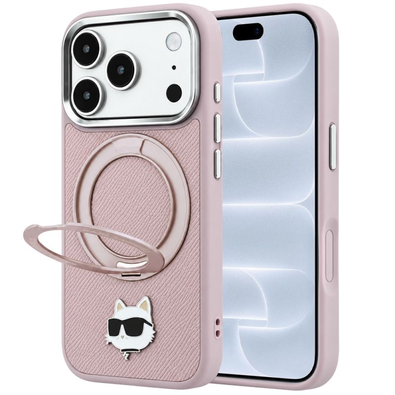 Husa pentru iPhone 18 Pro / iPhone 17 Pro - Karl Lagerfeld Leather Ring Stand 360 C Pin MagSafe (KLHMP18LPSRSCHHP) - Pink
