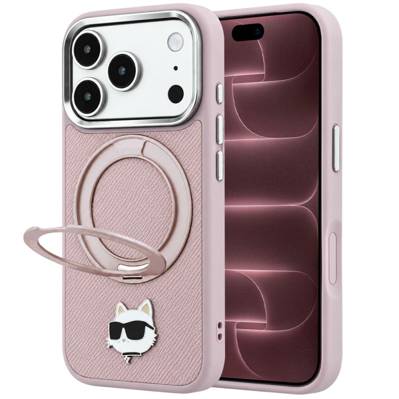 Husa pentru iPhone 18 Pro Max / iPhone 17 Pro Max - Karl Lagerfeld Leather Ring Stand 360 C Pin MagSafe (KLHMP18XPSRSCHHP) - Pink