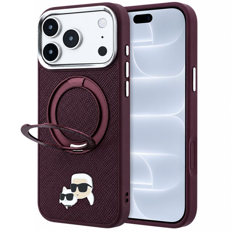 Husa pentru iPhone 18 Pro / iPhone 17 Pro - Karl Lagerfeld Leather Ring Stand 360 KC Pin MagSafe (KLHMP18LPSRSKCHR) - Burgundy