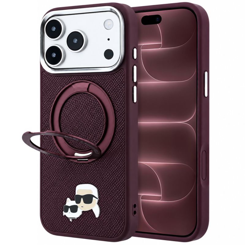 Husa iPhone 18 Pro Max / iPhone 17 Pro Max - Karl Lagerfeld Leather Ring Stand 360 KC Pin MagSafe (KLHMP18XPSRSKCHR) - Burgundy