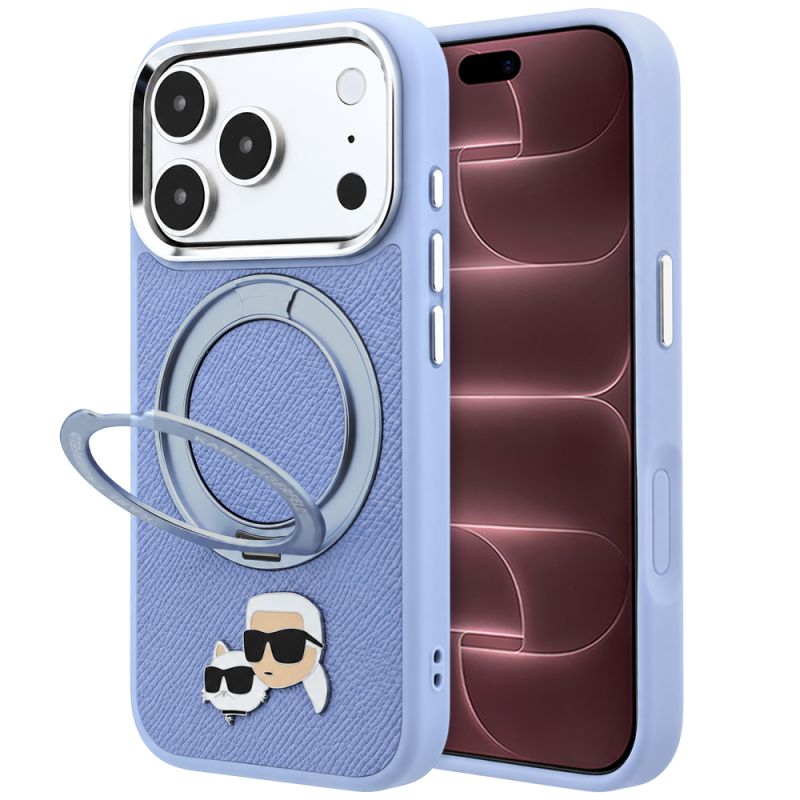 Husa pentru iPhone 18 Pro Max / iPhone 17 Pro Max - Karl Lagerfeld Leather Ring Stand 360 KC Pin MagSafe (KLHMP18XPSRSKCHB) - Light Blue