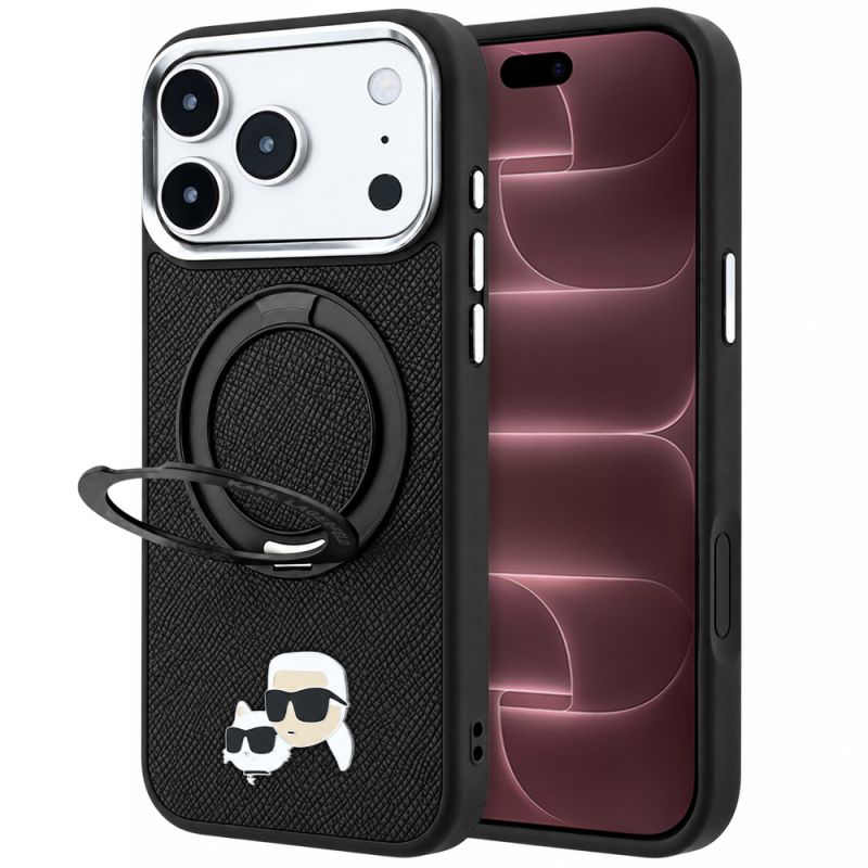 Husa pentru iPhone 18 Pro Max / iPhone 17 Pro Max - Karl Lagerfeld Leather Ring Stand 360 KC Pin MagSafe (KLHMP18XPSRSKCHK) - Black