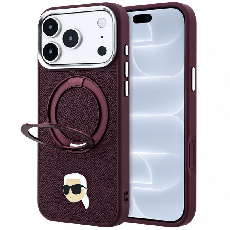 Husa pentru iPhone 18 Pro / iPhone 17 Pro - Karl Lagerfeld Leather Ring Stand 360 K Pin MagSafe (KLHMP18LPSRSKLHR) - Burgundy