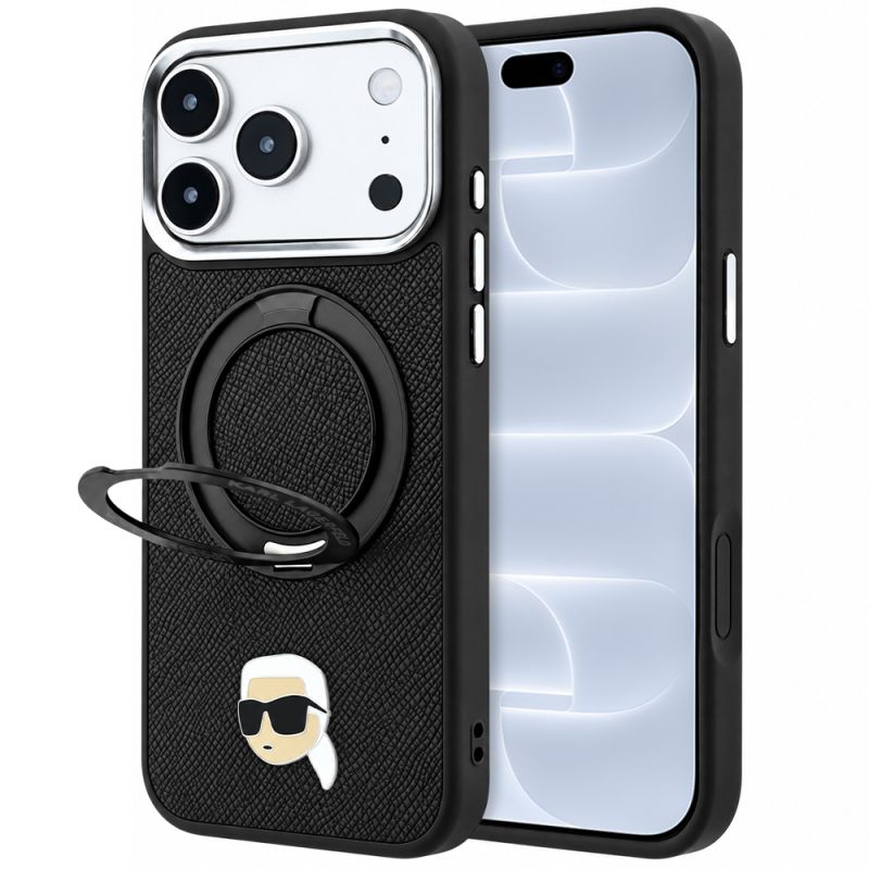 Husa pentru iPhone 18 Pro / iPhone 17 Pro - Karl Lagerfeld Leather Ring Stand 360 K Pin MagSafe (KLHMP18LPSRSKLHK) - Black