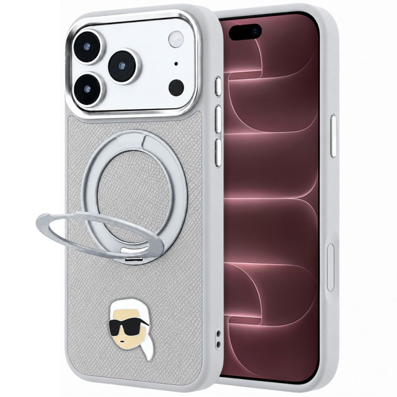 Husa iPhone 18 Pro Max / iPhone 17 Pro Max - Karl Lagerfeld Leather Ring Stand 360 K Pin MagSafe (KLHMP18XPSRSKLHG) - Grey
