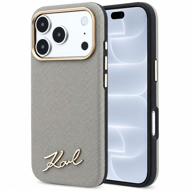 Husa pentru iPhone 18 Pro / iPhone 17 Pro - Karl Lagerfeld Saffiano Small Script Metal Logo MagSafe (KLHMP18L6PWSKSE) - Taupe