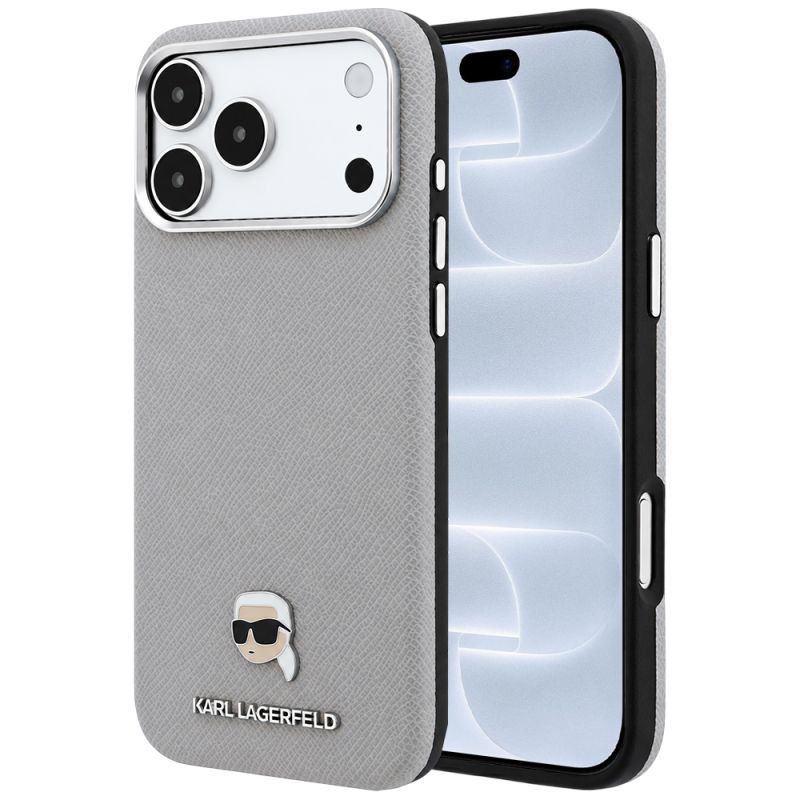 Husa iPhone 18 Pro / iPhone 17 Pro - Karl Lagerfeld Grained Leather KH Metal MagSafe (KLHMP18L6PSKHLG) - Gray