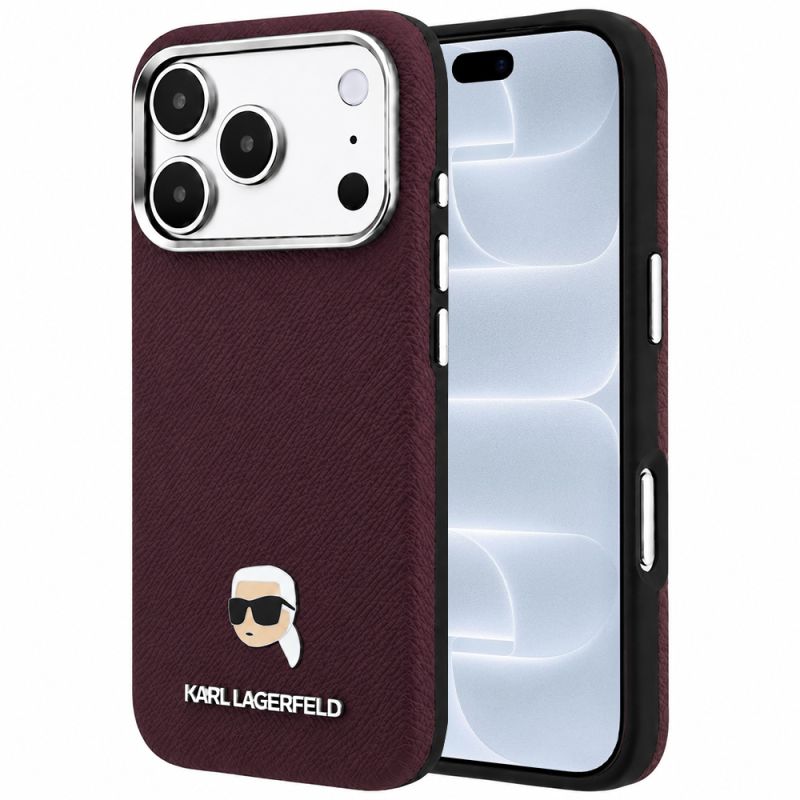 Husa iPhone 18 Pro / iPhone 17 Pro - Karl Lagerfeld Grained Leather KH Metal MagSafe (KLHMP18L6PSKHLR) - Burgundy