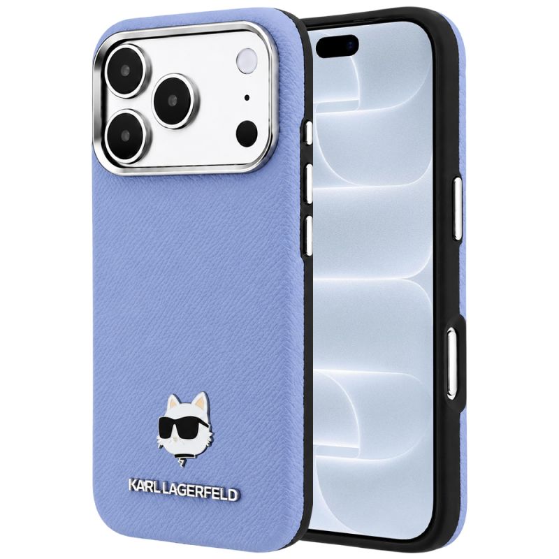 Husa iPhone 18 Pro / iPhone 17 Pro- Karl Lagerfeld Grained Leather Choupette Head MagSafe (KLHMP18L6PSCHLB) - Light Blue