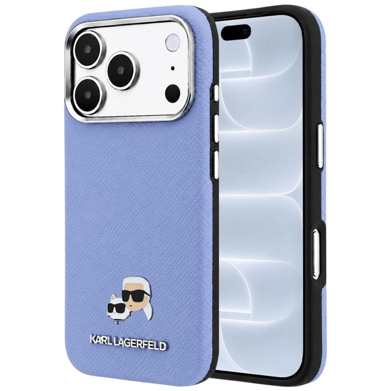 Husa iPhone 18 Pro / iPhone 17 Pro - Karl Lagerfeld Grained Leather KC Heads Metal MagSafe (KLHMP18L6PSKCHLB) - Light Blue