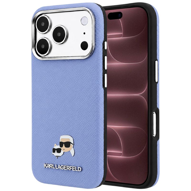 Husa iPhone 18 Pro Max / iPhone 17 Pro Max - Karl Lagerfeld Grained Leather KC Heads Metal MagSafe (KLHMP18X6PSKCHLB) - Light Blue