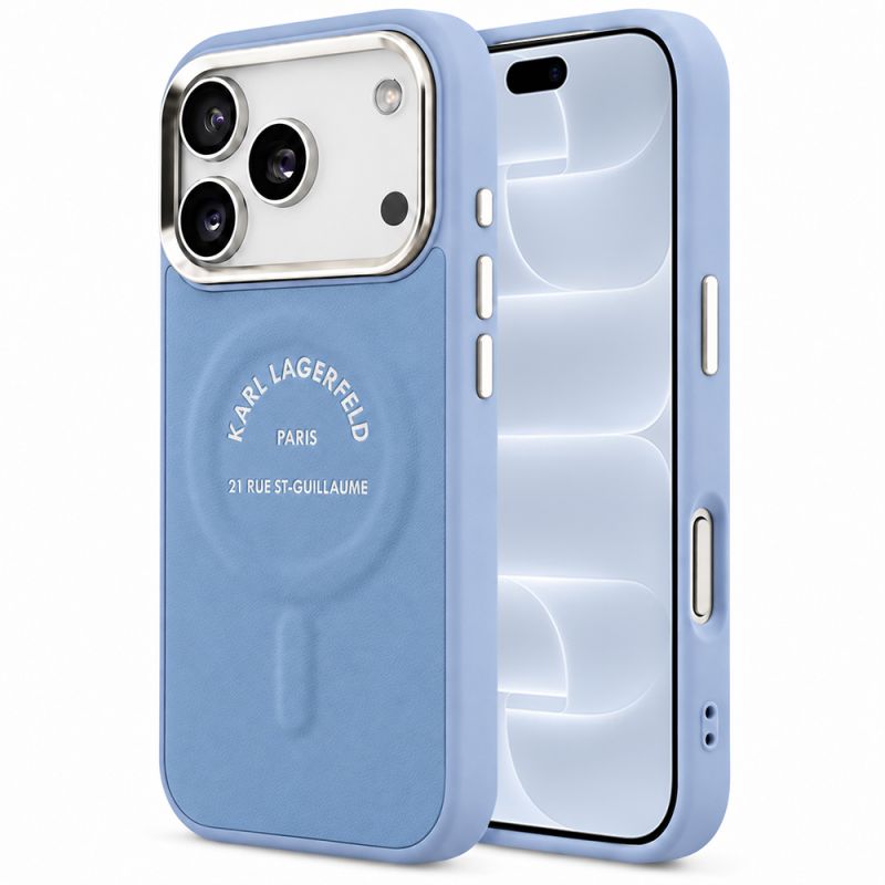 Husa iPhone 18 Pro / iPhone 17 Pro - Karl Lagerfeld Leather Embossed Open Ring Karl RSG Logo MagSafe (KLHMP18LPSKRSGEB) - Blue
