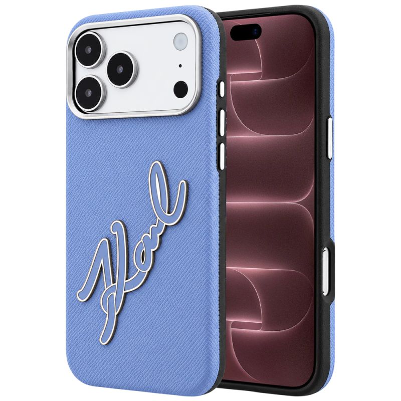 Husa pentru iPhone 18 Pro Max / iPhone 17 Pro Max - Karl Lagerfeld Smooth Leather Big Resin Signature Logo (KLHCP18X6PFCKSRB) - Light Blue