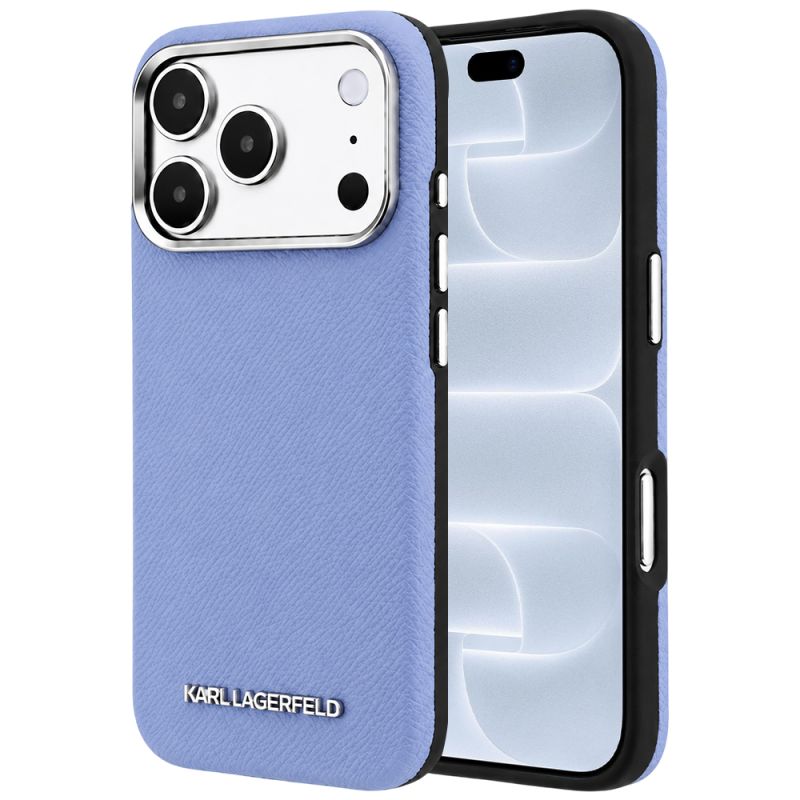 Husa iPhone 18 Pro / iPhone 17 Pro - Karl Lagerfeld Grained Leather Elongated Logo MagSafe (KLHMP18LPSWGKLB) - Light Blue