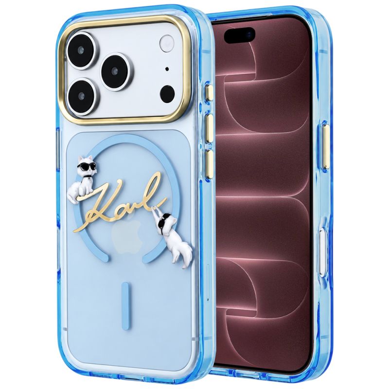 Husa pentru iPhone 18 Pro Max / iPhone 17 Pro Max - Karl Lagerfeld IML Choupette and Karl Script Logo MagSafe (KLHMP18X5HKSCAL) - Light Blue