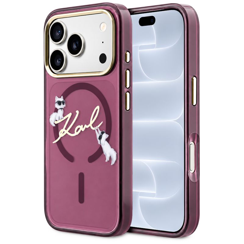 Husa pentru iPhone 18 Pro / iPhone 17 Pro - Karl Lagerfeld IML Choupette and Karl Script Logo MagSafe (KLHMP18L5HKSCAR) - Burgundy