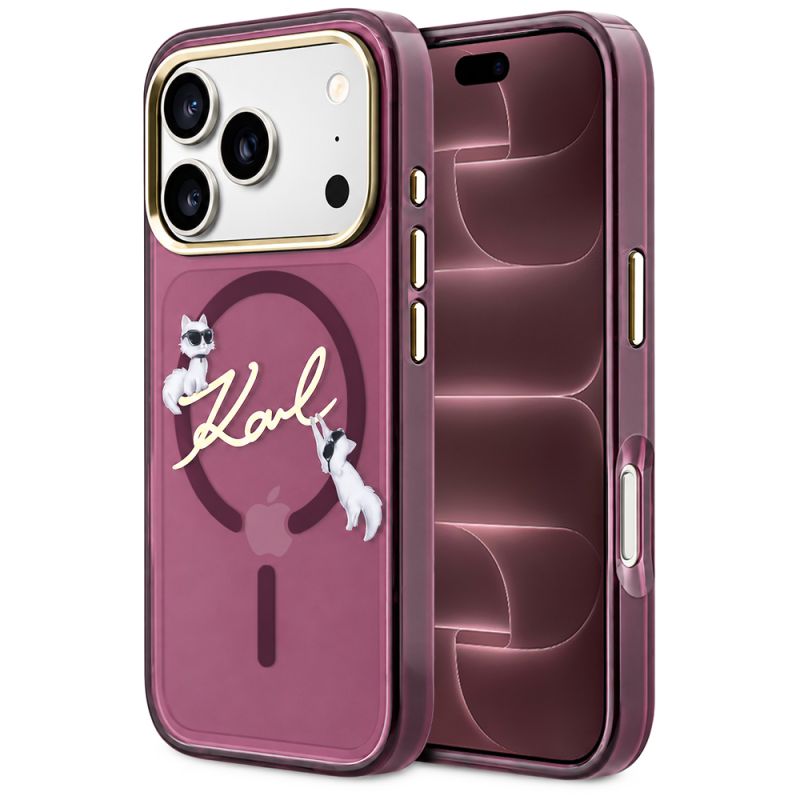 Husa pentru iPhone 18 Pro Max / iPhone 17 Pro Max - Karl Lagerfeld IML Choupette and Karl Script Logo MagSafe (KLHMP18X5HKSCAR) - Burgundy