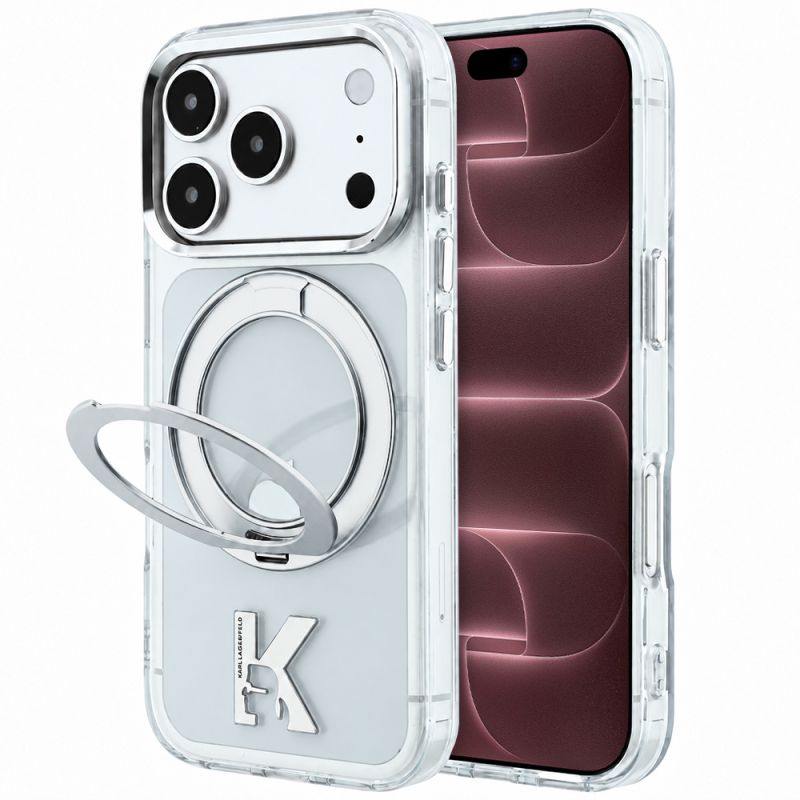 Husa pentru iPhone 18 Pro Max / iPhone 17 Pro Max - Karl Lagerfeld IML Ring Stand Kameo Metal MagSafe (KLHMP18X6HRSMKMH) - Clear