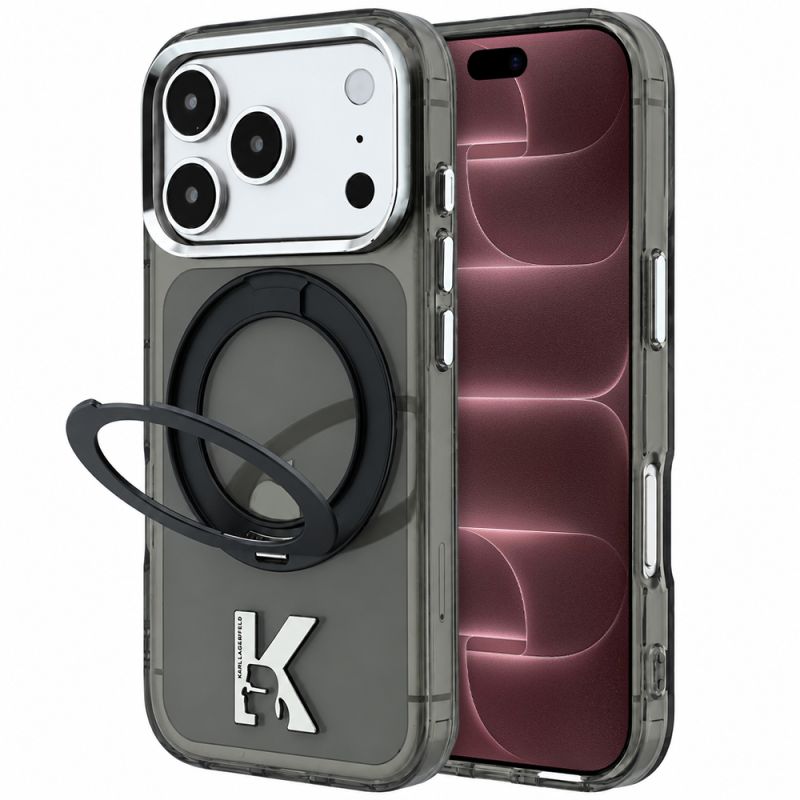 Husa pentru iPhone 18 Pro Max / iPhone 17 Pro Max - Karl Lagerfeld IML Ring Stand Kameo Metal MagSafe (KLHMP18X6HRSMKMK) - Black
